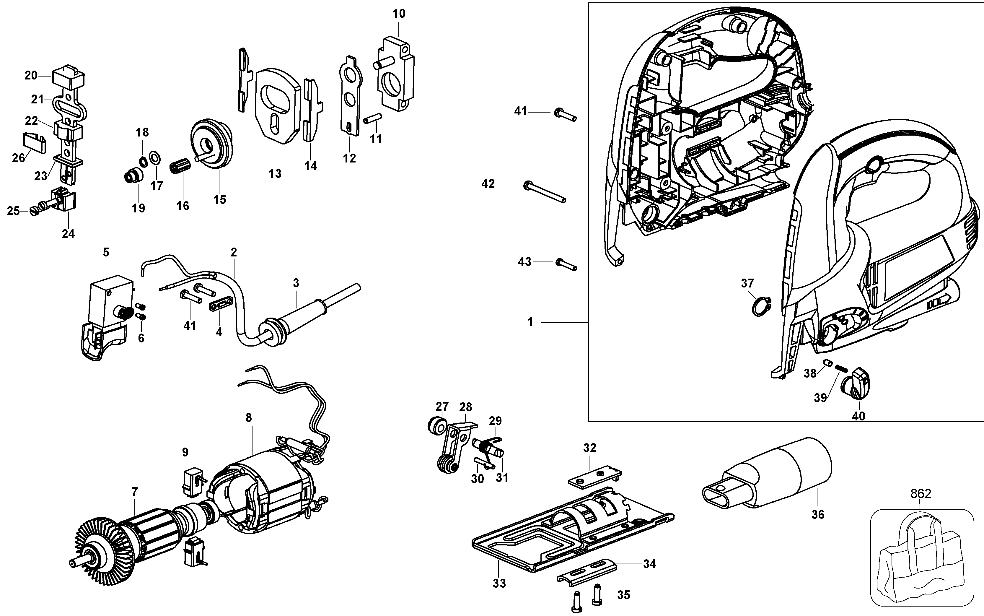 Default Diagram and Parts List for KS505-B2 Type 1 Black and Decker Jig Saw